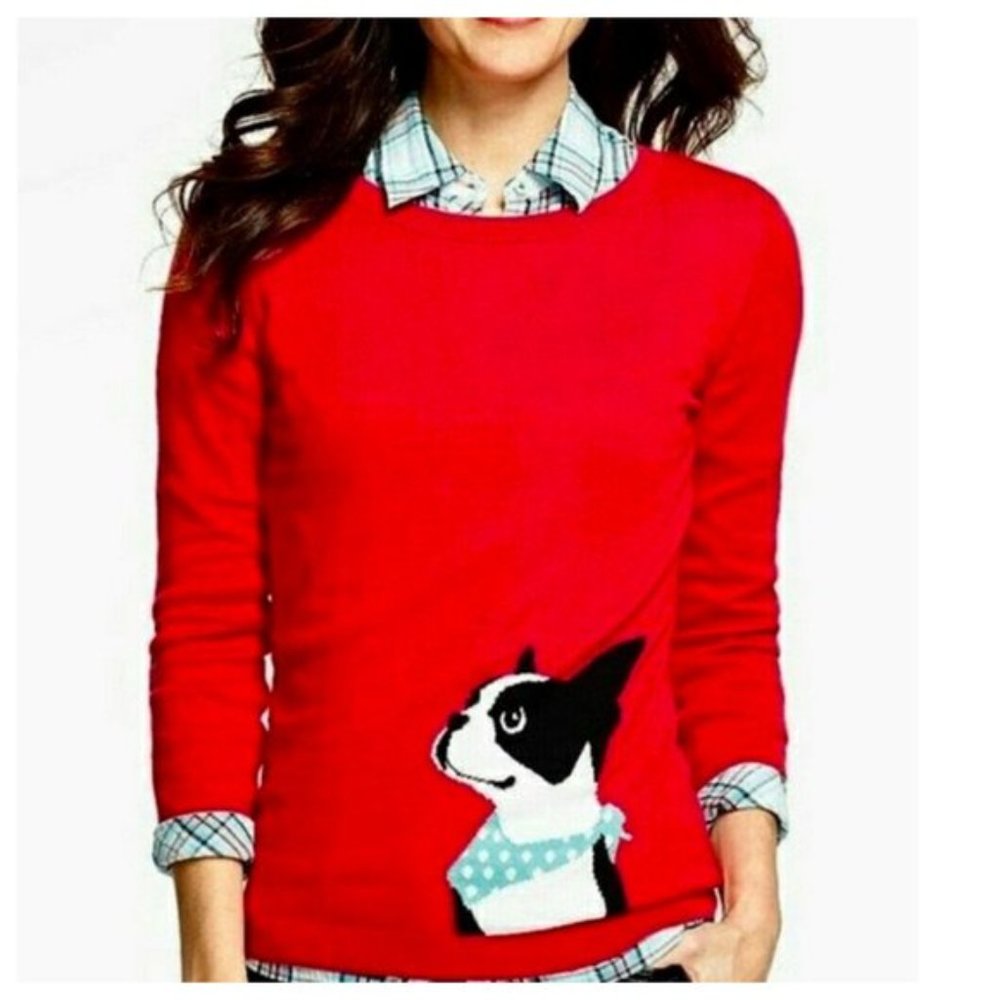 Talbots French Bulldog Red Crewneck Sweater